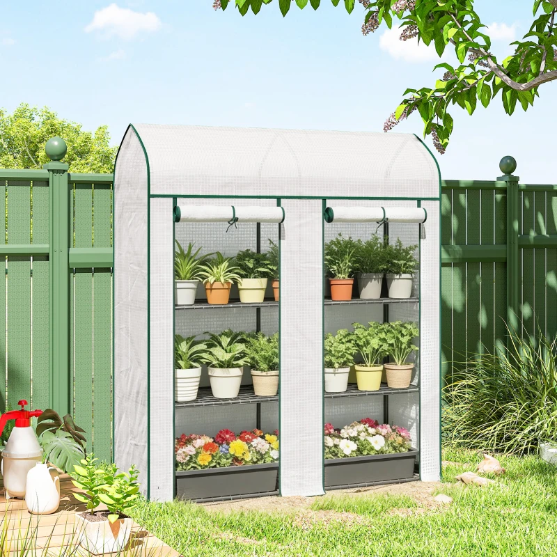 Outsunny 3 Tier Mini Greenhouse, Small Portable Greenhouse with 2 Roll-up Doors, 56.3" x 18.1" x 65", White