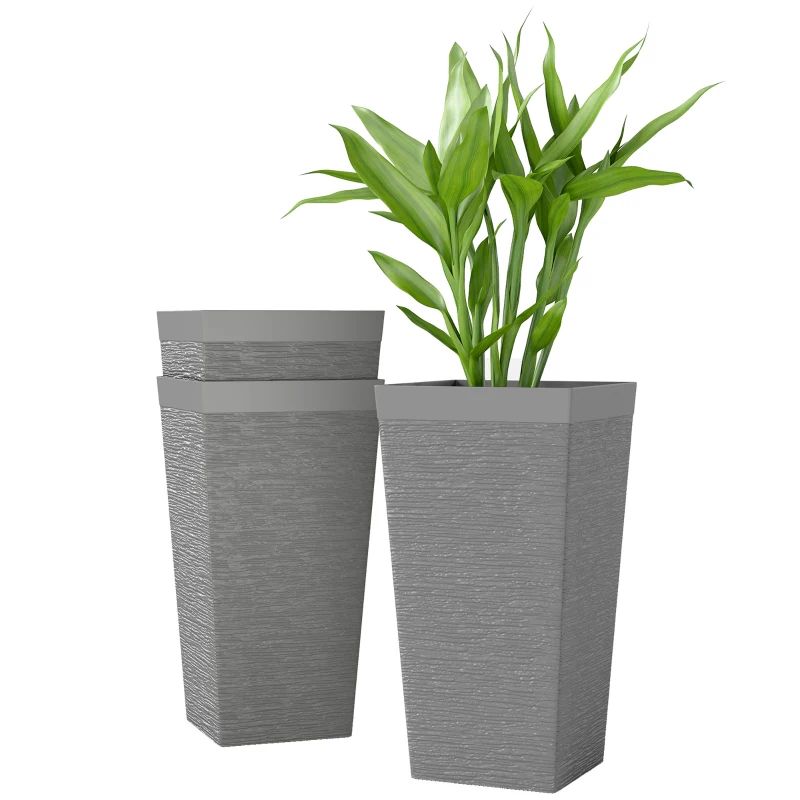 Outsunny 22.8 Inch Set of 3 Outdoor Planters with Stone Finish and Wheels, Stackable Tapered Planters with Drainage Hole, Gray