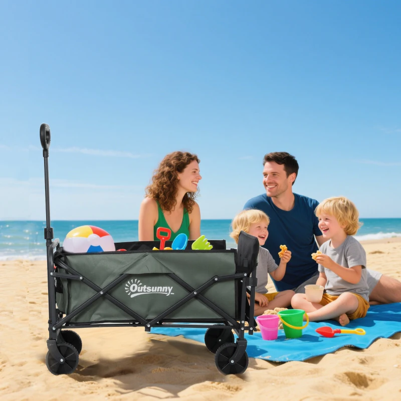 Outsunny Wagon Cart Foldable, Collapsible Wagon Cart with Removable Liner, Handle, Wheels, 72L & 198 LBS Capacity, Green