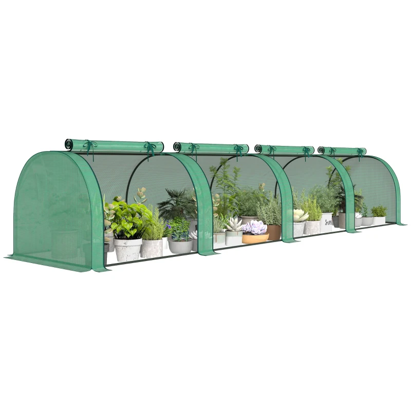 Outsunny Mini Greenhouse, Portable Greenhouse with 4 Roll-Up Doors, PE Cover, 177.2" x 39.4" x 31.5", Green