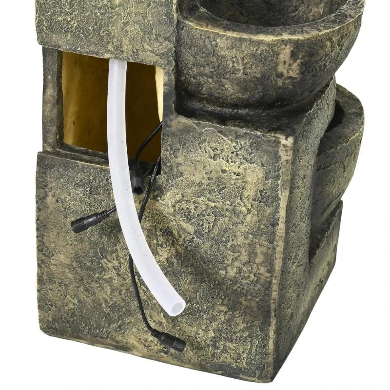Outsunny Outdoor Fountain Cascading Waterfall with 4-Tier Stone Look Bowls, Adjustable Flow & LED Lights for Patio Garden