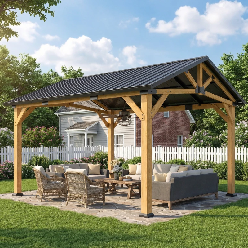 Outsunny 13' x 11' Hardtop Gazebo Canopy with Galvanised Metal Roof, Fir Wood Frame and Central Hook for Patio, Black Gray