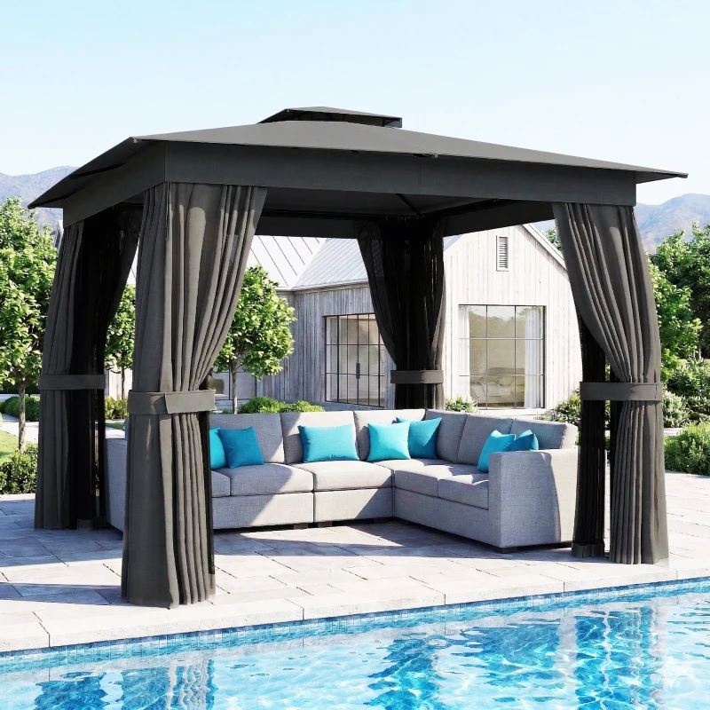 Outsunny 10' x 10' Outdoor Patio Gazebo, Soft Top Gazebo Canopy Shelter with Curtains, Netting, Steel Frame, Hook, Dark Gray