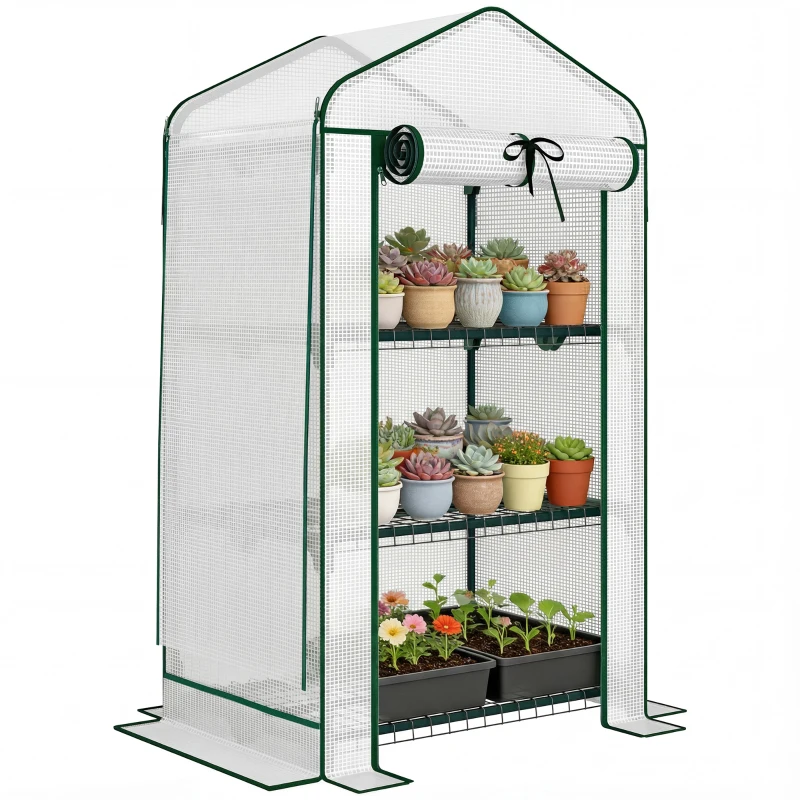 Outsunny Mini Greenhouse with Screen Roof, Portable Small Greenhouse with Roll-Up Zipper Door, 27.6" x 19.7" x 50", White