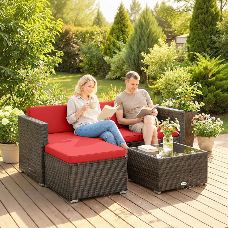 Outsunny 3 Pieces Patio Furniture Set with Cushions, Outdoor PE Rattan Wicker Conversation Corner Sofa Set with Glass Top Table