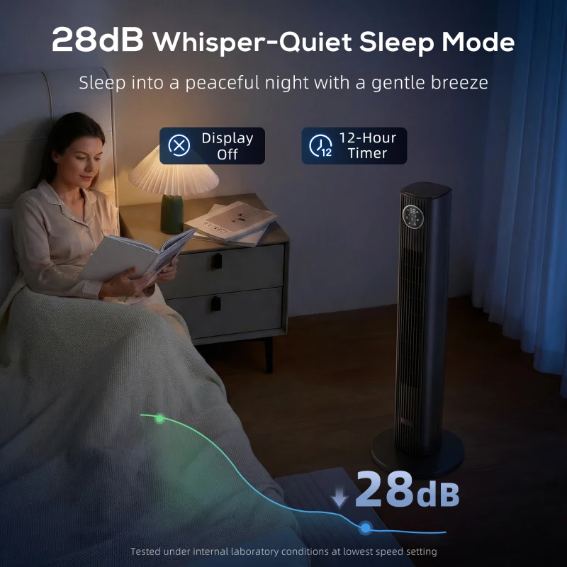 HOMCOM 28dB Tower Fan with 12 Speeds and 4 Modes, Standing Floor Fan with 80° Oscillating, 12H Timer, Black