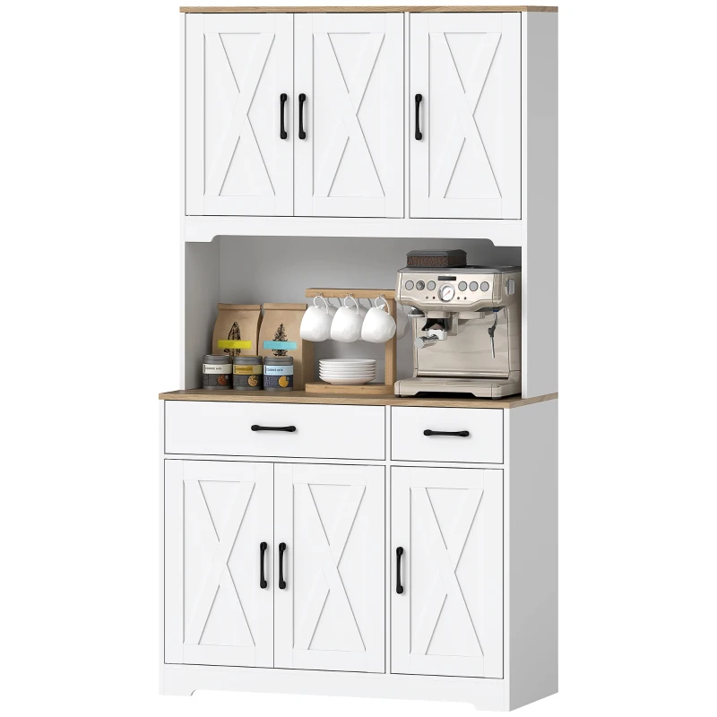 HOMCOM Tall Kitchen Pantry, 6 Doors, 2 Drawers, Adjustable Shelves & Worktop, Rustic Storage Cabinet for Living Room White