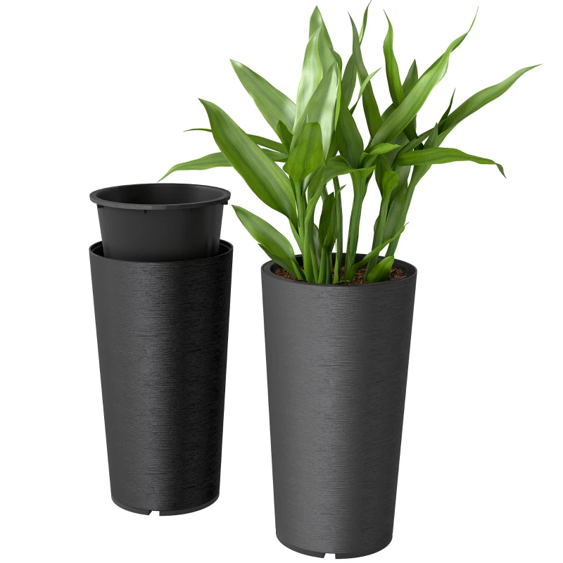 Outsunny 29 Inch Outdoor Planter, Set of 2 Plastic Flower Pots, Weather and UV Resistant Stackable Large Planters, Black