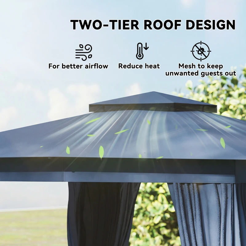 Outsunny 10' x 12' Outdoor Patio Gazebo, Soft Top Gazebo Canopy Shelter with Curtains, Netting, Steel Frame, Hooks, Blue