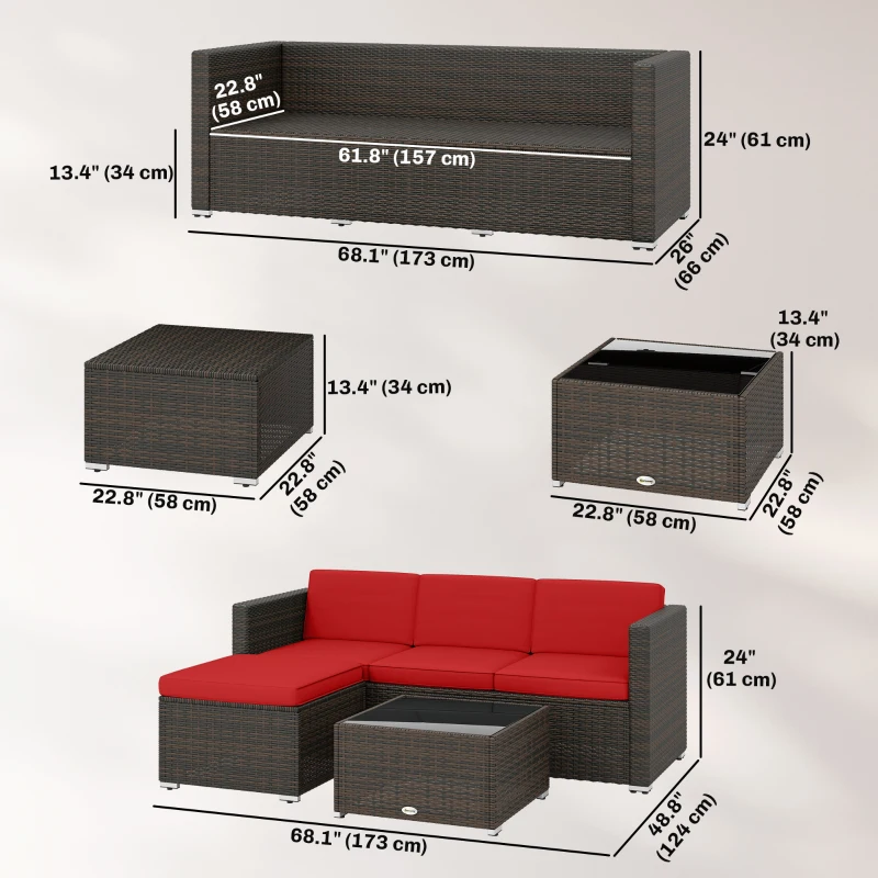 Outsunny 3 Pieces Patio Furniture Set with Cushions, Outdoor PE Rattan Wicker Conversation Corner Sofa Set with Glass Top Table