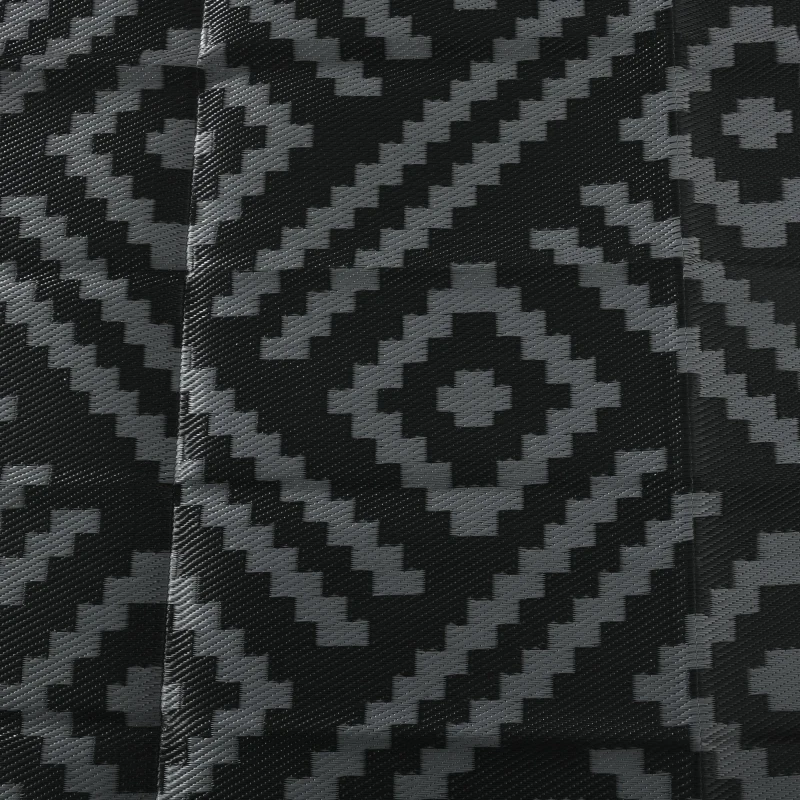 Outsunny Reversible Outdoor Rug Waterproof Plastic Straw RV Rug with Carry Bag, 9' x 18', Black and Grey Geometric
