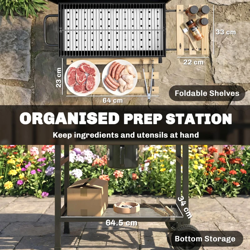 Outsunny Charcoal BBQ Grill with Foldable Shelves, Barbecue Grill with Warming Rack, Thermometer, Wheels, Natural Wood and Black