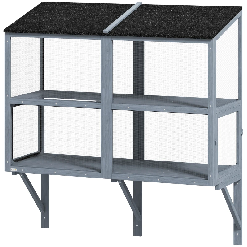 PawHut Catio Outdoor Cat Enclosure Wall-Mounted 2-Level Outdoor Cat House with Waterproof Roof 51.2" Grey