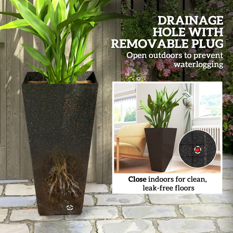 Outsunny 28" Tall Planters, Set of 3 Plastic Flower Pots with Marble Finish and Drainage Holes, Stackable Taper Planters, Brown