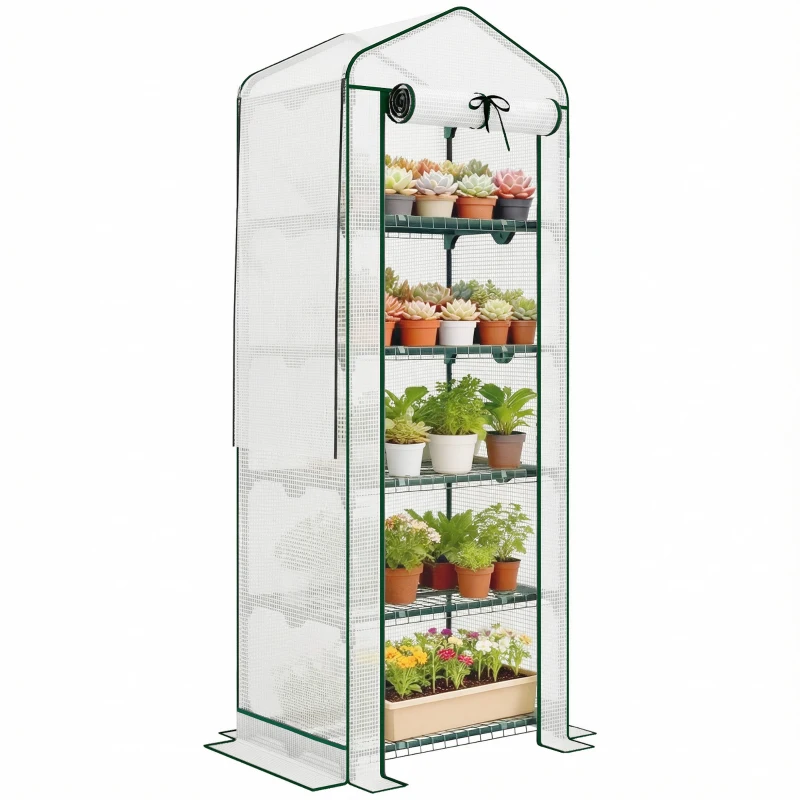Outsunny Mini Greenhouse with Screen Roof, Portable Small Greenhouse with Roll-Up Zipper Door, 27.6" x 19.7" x 75.6", White