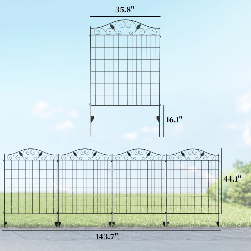 Outsunny Garden Fence, 4 Pack, 44 in(H) x 12 ft(L) Folding Garden Fence Border, No Dig Ground Stake Metal Fence Panels for Outdoor Patio Yard Landscape