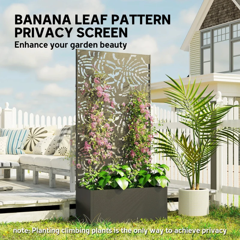 Outsunny Metal Planter Box with Trellis, 71" Tall Raised Garden Bed with Privacy Screen and Drainage Holes, Banana-Leaf Cut-Outs