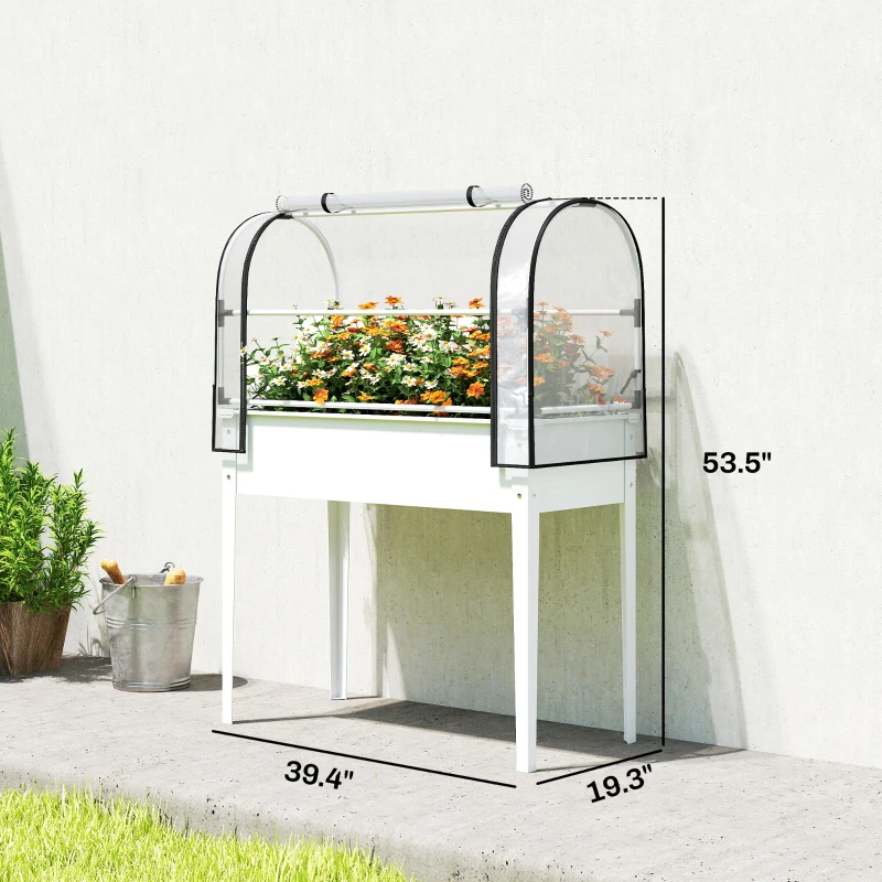 Outsunny Raised Garden Bed with Flip-Up Greenhouse Cover, Metal Elevated Garden Bed with Legs and Drainage Hole, White