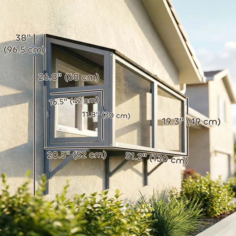 PawHut Catio Outdoor Cat Enclosure Expandable Wooden Cat House with 2 Doors for Window, 51.2"L