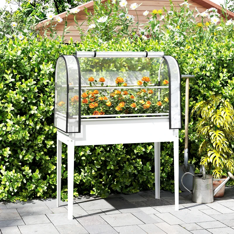 Outsunny Raised Garden Bed with Flip-Up Greenhouse Cover, Metal Elevated Garden Bed with Legs and Drainage Hole, White