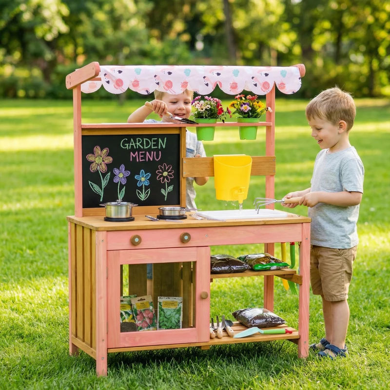 Qaba Kids Mud Kitchen with Canopy, Outdoor Wooden Play Kitchen with Planter Box, Accessories for Age 3-6, Pink
