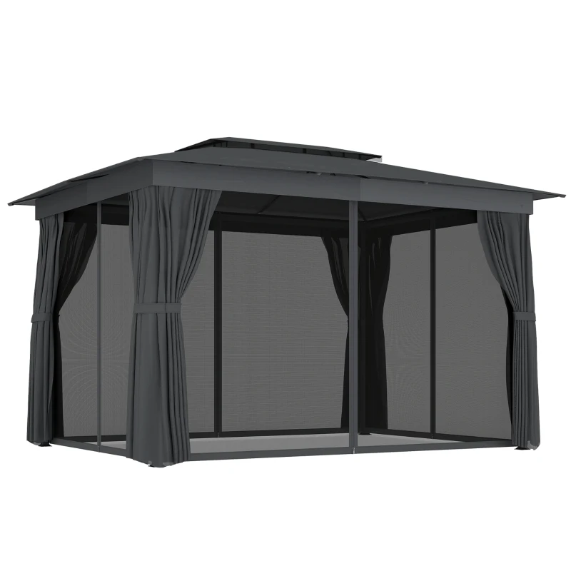 Outsunny 10' x 12' Outdoor Patio Gazebo, Soft Top Gazebo Canopy Shelter with Curtains, Netting, Steel Frame, Hooks, Dark Gray