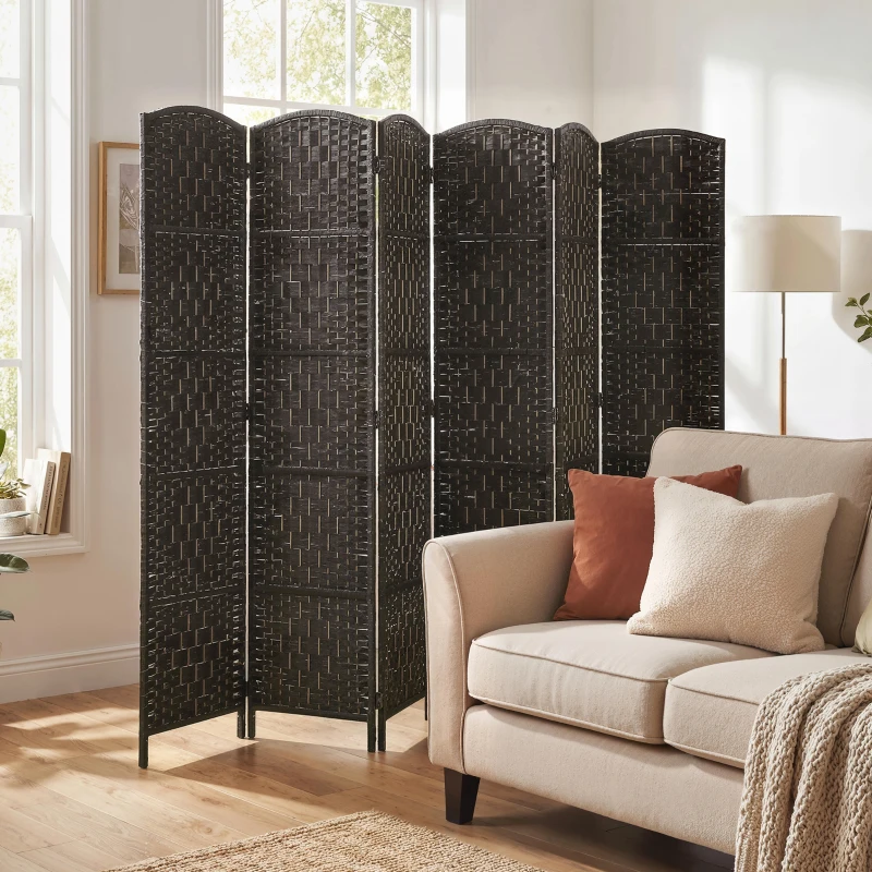 HOMCOM Room Divider, 6 Panel Folding Privacy Screen, 6FT Tall Portable Weave Partition Wall Divider for Bedroom, Coffee