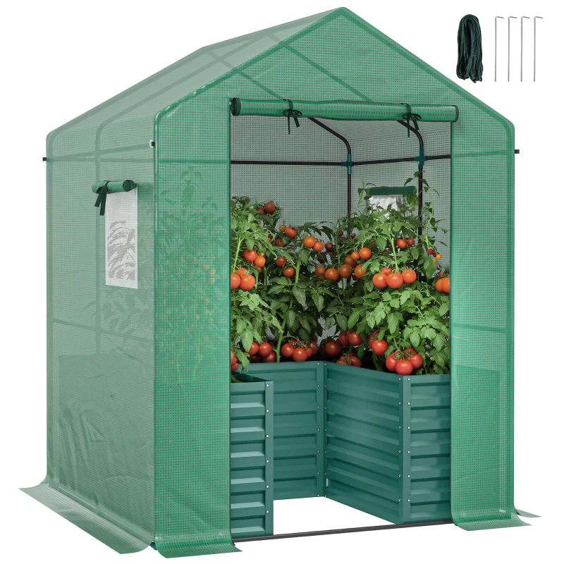 Outsunny Greenhouse with Raised Garden Bed, Galvanized Steel Outdoor Greenhouse with Roll Up Door, 56" x 56" x 75", Green