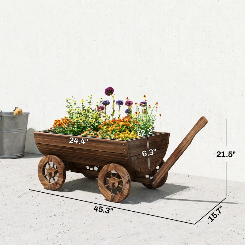 Outsunny Wooden Wagon Planter Box, Mobile Garden Planter with 4 Wheels, Small Wheelbarrow Wagon Flower Cart with Drainage Hole