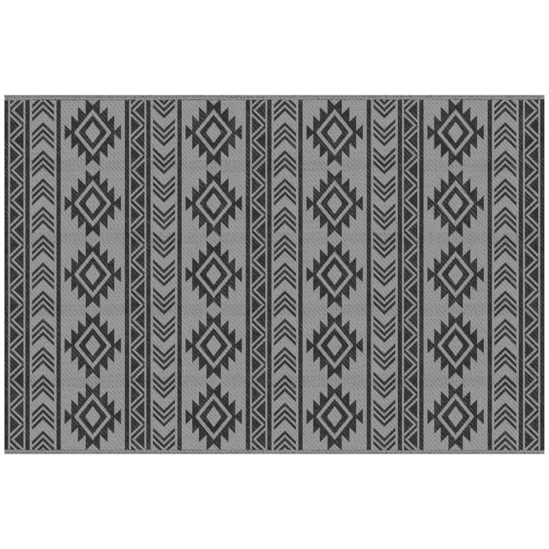 Outsunny Reversible Outdoor RV Rug, Patio Floor Mat, 6' x 9' Plastic Straw Rug for Backyard, Deck, Beach, Camping, Black & Grey