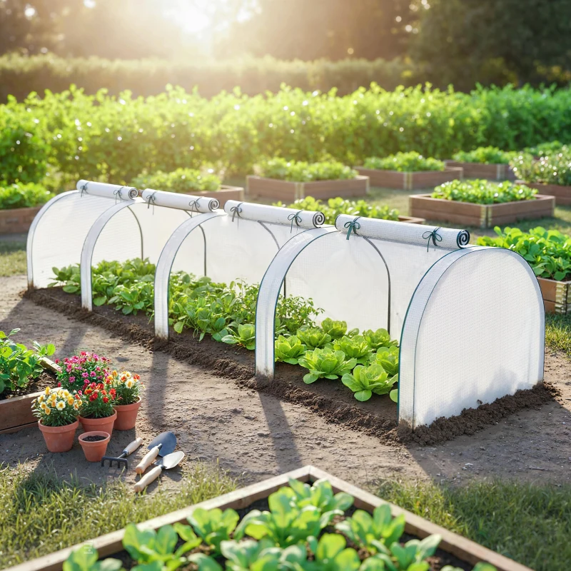 Outsunny Mini Greenhouse, Portable Greenhouse with 4 Roll-Up Doors, PE Cover, 177.2" x 39.4" x 31.5", White
