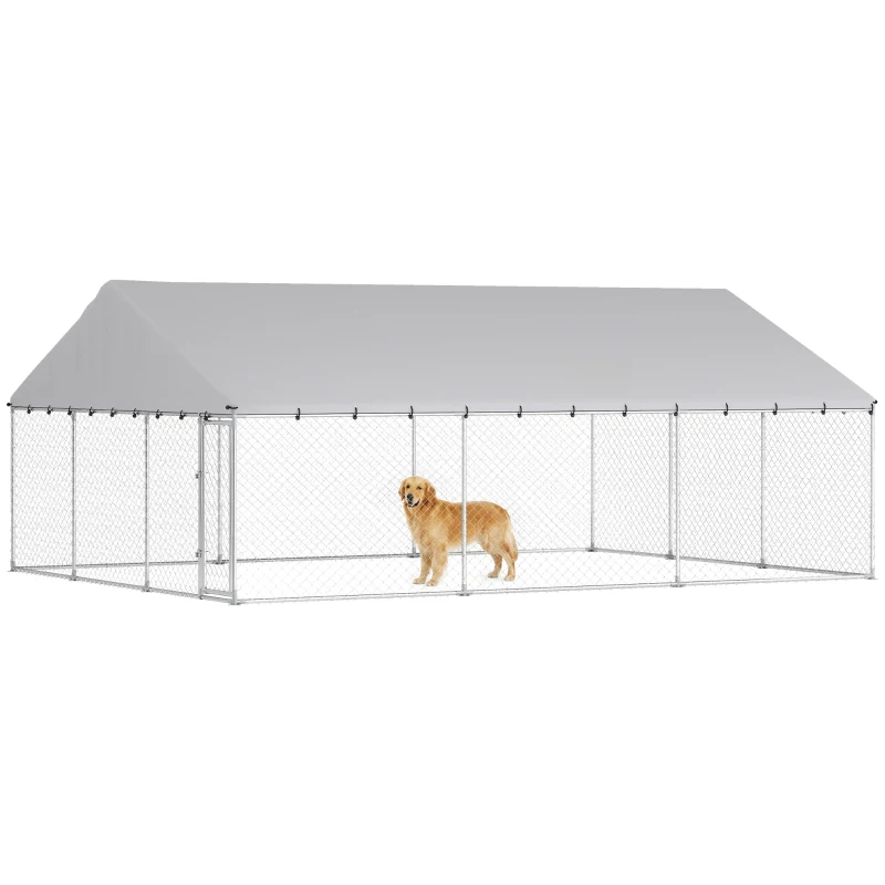 PawHut Galvanized Steel Outdoor Dog Kennel with Roof, Safety Locks, for Backyard, 19.7' x 14.8' x 7.9'