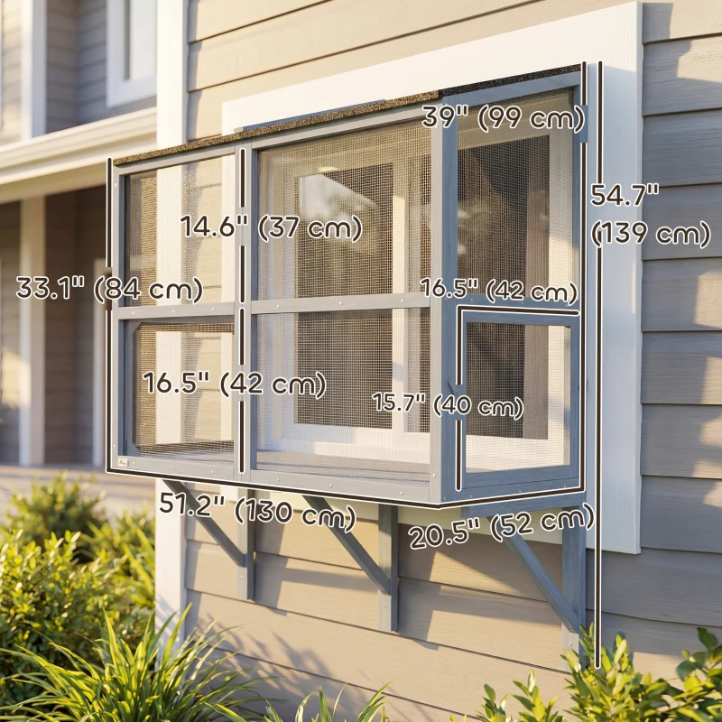 PawHut Catio Outdoor Cat Enclosure Wall-Mounted 2-Level Outdoor Cat House with Waterproof Roof 51.2" Grey