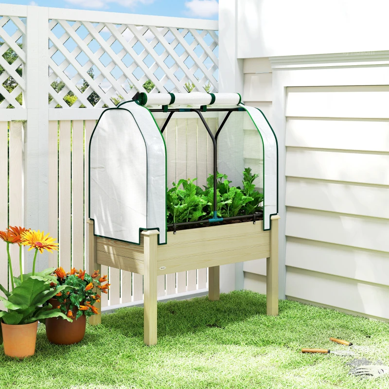 Outsunny Raised Garden Bed with PE Greenhouse Cover Outdoor Planter Box for Herbs and Vegetables, 35 x 22 x 47 inch, Natural