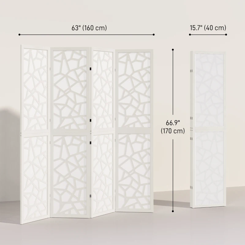 HOMCOM 4 Panel Room Divider, 5.6 FT Lightweight Folding Privacy Screen with Geometric Pattern for Living Room, Bedroom, White