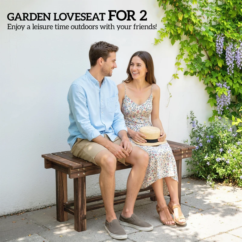 Outsunny Garden Bench 0.8" Seater Outdoor Bench with Storage Shelf 35.4" Carbonized Wood