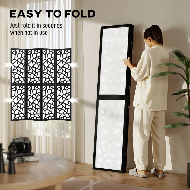 HOMCOM 4 Panel Room Divider, 5.6 FT Lightweight Folding Privacy Screen with Geometric Pattern for Living Room, Bedroom, Black