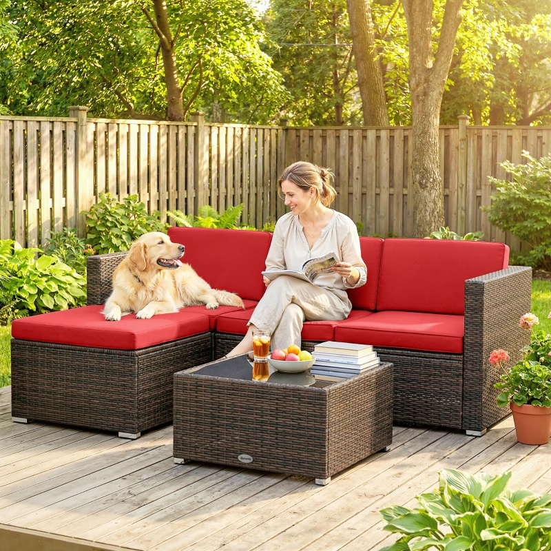 Outsunny 3 Pieces Patio Furniture Set with Cushions, Outdoor PE Rattan Wicker Conversation Corner Sofa Set with Glass Top Table