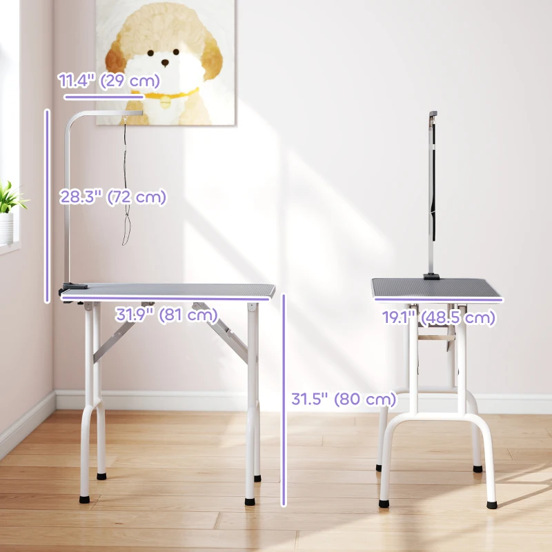 PawHut Foldable Pet Grooming Table for Dogs Cats with Adjustable Arm, Non-slip Surface, Grey