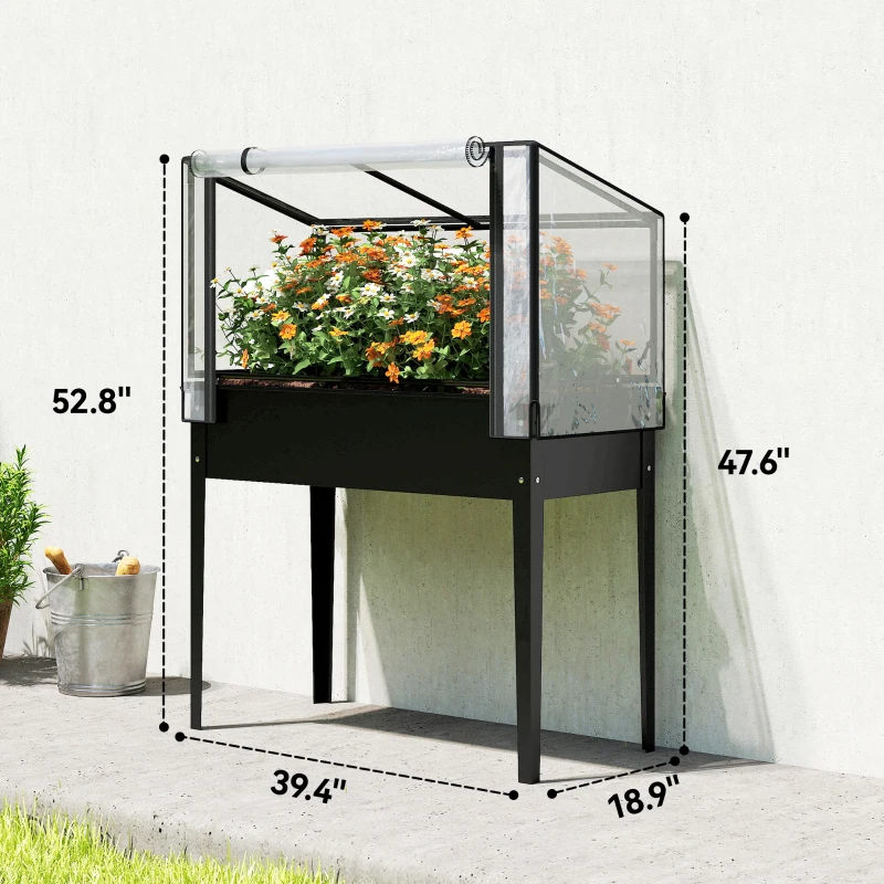 Outsunny Raised Garden Bed with Flip-Up Greenhouse Cover, Metal Elevated Garden Bed with Legs and Drainage Hole, Black