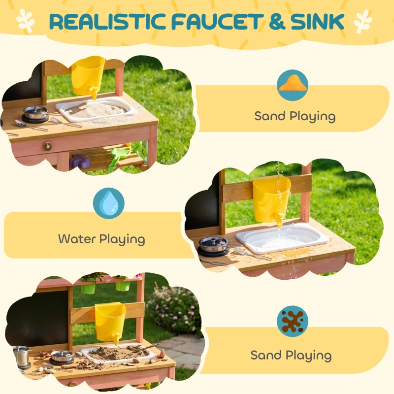 Qaba Kids Mud Kitchen with Canopy, Outdoor Wooden Play Kitchen with Planter Box, Accessories for Age 3-6, Pink