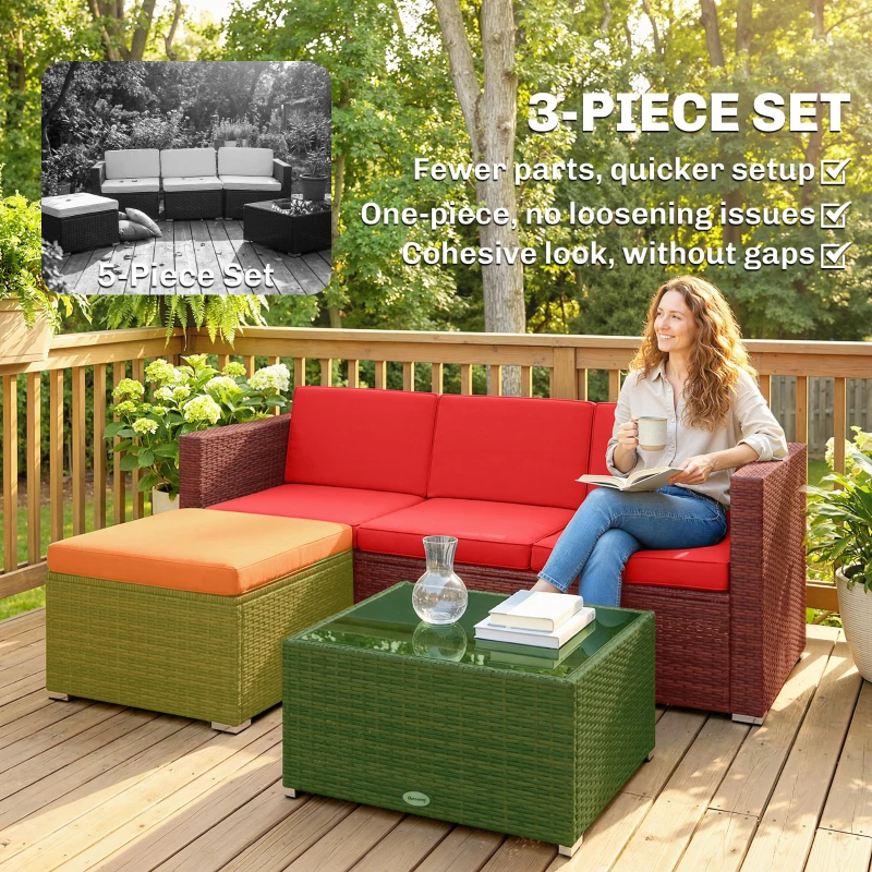 Outsunny 3 Pieces Patio Furniture Set with Cushions, Outdoor PE Rattan Wicker Conversation Corner Sofa Set with Glass Top Table