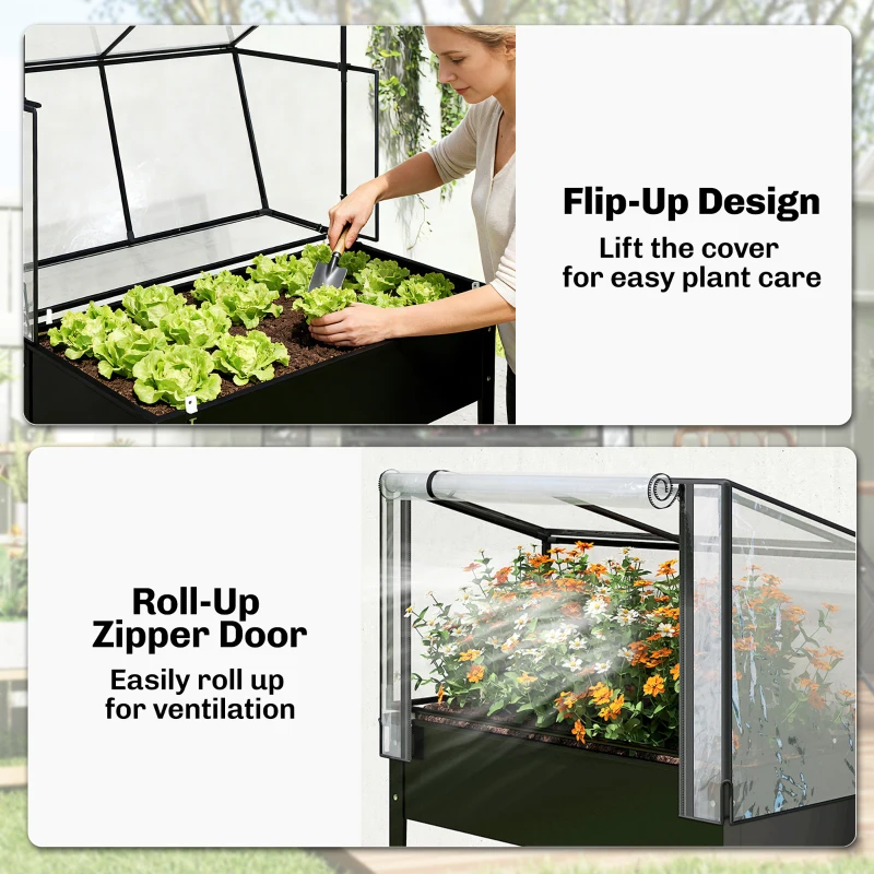 Outsunny Raised Garden Bed with Flip-Up Greenhouse Cover, Metal Elevated Garden Bed with Legs and Drainage Hole, Black
