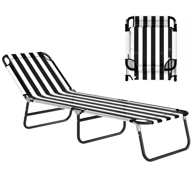 Outsunny Portable Folding Adjustable Sun Beach Lounger / Camping Cot - Black and White
