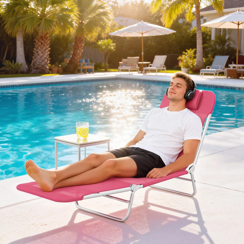 Outsunny Folding Lounge Chair, Portable Tanning Chair with Adjustable Backrest, Pillow for Beach Poolside Patio, Pink