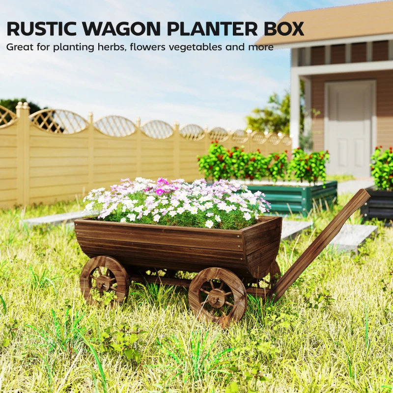 Outsunny Wooden Wagon Planter Box, Mobile Garden Planter with 4 Wheels, Small Wheelbarrow Wagon Flower Cart with Drainage Hole