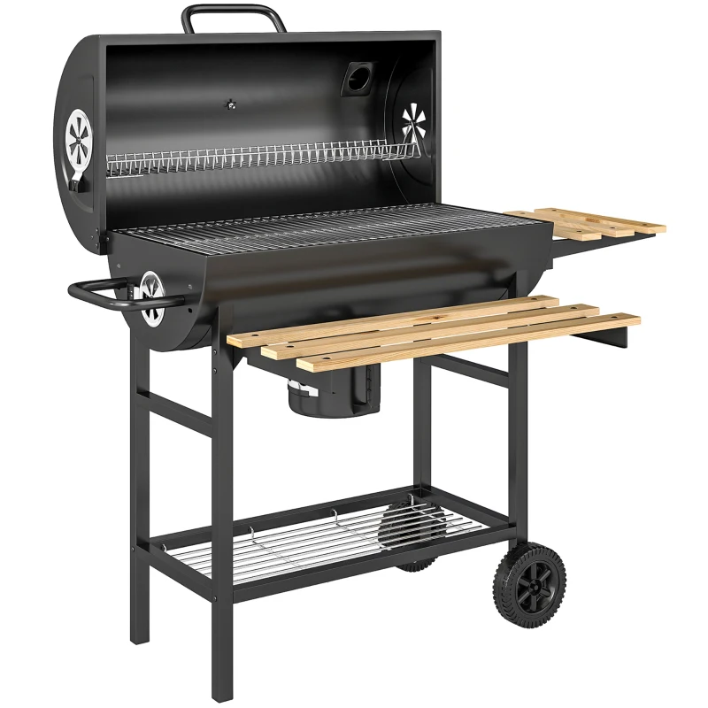 Outsunny Charcoal BBQ Grill with Foldable Shelves, Barbecue Grill with Warming Rack, Thermometer, Wheels, Natural Wood and Black