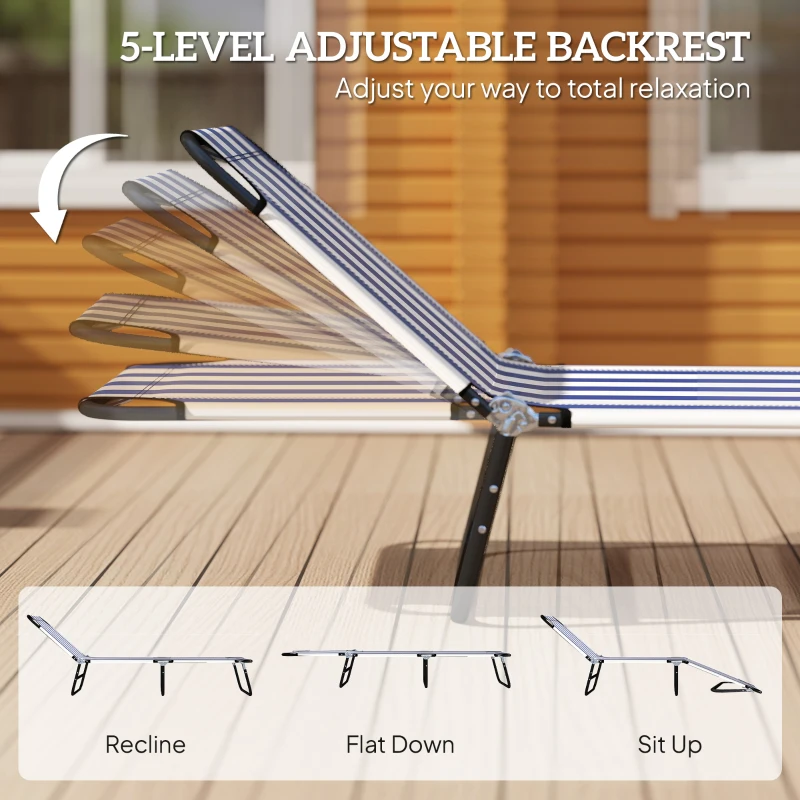 Outsunny Portable Folding Adjustable Sun Beach Lounger / Camping Cot - Blue and White