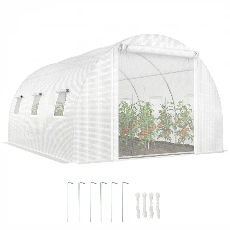 Outsunny Walk-in Tunnel Greenhouse, Plant Hot House w/ Support Rods, Roll-up Mesh Door, Mesh Windows, 13'x9.8'x6.6', White