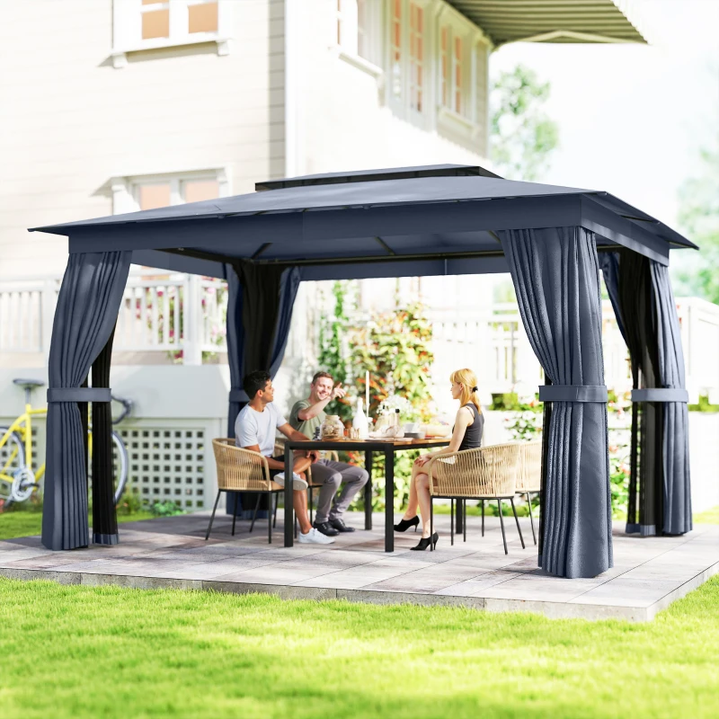 Outsunny 10' x 12' Outdoor Patio Gazebo, Soft Top Gazebo Canopy Shelter with Curtains, Netting, Steel Frame, Hooks, Blue